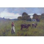 Charles Martin Hardie, (Scottish 1858 - 1916) Rural Scene with milkmaid and cows, oil on board,