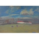 'Community Landscape with Cottage', oil on board, signed Hunter, with a paper label verso