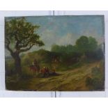 19th century British School, rural scene with figures resting, oil on canvas, apparently unsiged, on
