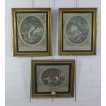 Three French coloured lithograph prints with verre eglomise and Hogarth style frames, 43 x 40cm (3)