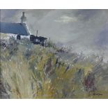 Douglas Phillips, (Scottish 1926 - 2012) 'Cottage & Mist', oil on board, signed and framed under