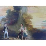 British School, oil on canvas of three children in a rural landscape, apparently unsigned, in a gilt