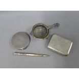 Early 20th century silver powder compact, small silver bowl, Epns cigarette case, pencil and tea