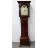 Georgian mahogany longcase clock, the flat top with a dentil and blind fret frieze above a
