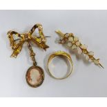 9 ct gold bow brooch, yellow metal opal brooch and an 18ct gold seed pearl ring (3)