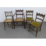 Three 19th century side chairs with distressed painted finish and Gothic style pierced backs, cane