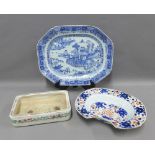 Chinese blue and white willow pattern serving dish / ashet, Chinese famille verte rectangular