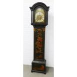 Black lacquered chinoiserie longcase clock, brass dial and spandrels with silvered chapter ring