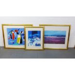 Three coloured prints, all framed under glass, 100cm (3)