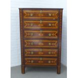 19th century Dutch marquetry tall chest with six long drawers with circular brass handles, inlaid