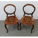 Pair of mahogany balloon back chairs with upholstered stuff over seats and cabriole legs, (2)