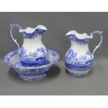 Spode Italian pattern blue and white basin and ewer and another (2nd jug a/f) (3)