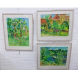 Three Contemporary School watercolours, all framed under glass, size overall 80 x 66cm (3)