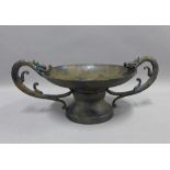 Japanese bronze bowl with dragon handles and circular footrim, width across the handles 30cm