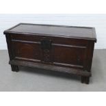Dark oak coffer with a hinged lid, large iron lock plate and carved front panel, on stile feet,