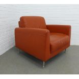 Burnt orange leather or vinyl upholstered chair on chrome legs, 83 x 79 x 58cm