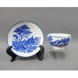 18th century Worcester blue and white porcelain tea bowl and saucer in castle and landscape pattern,