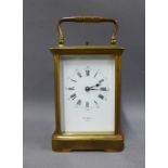 Late 19th century French brass repeater carriage clock, the enameled dial with Roman numerals,