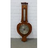 Art Nouveau oak wall barometer with mother of pearl inlaid whiplash pattern 33 x 86cm