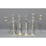 Pair of silver plated three branch candelabra and a pair of knop stemmed candlesticks, 48cm (4)