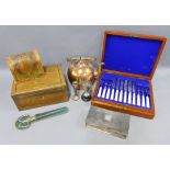 Mixed lot to include a canteen with mother of pearl handled knives and forks, Epns cigarette box,