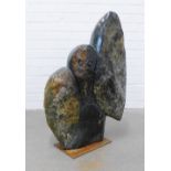 Zimbabwe carved and polished Shona bird figure, on a rectangular steel base, 52 x 80cm
