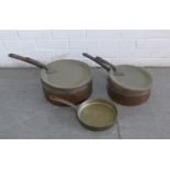 Three copper plated pans and two lids (5)