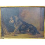 19th century oil on board of a Dog, contained within a distressed gilt frame bearing attribution