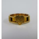18ct gold ring Memento Mori ring, the band with five engraved panels and an initialed heart
