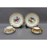 18th century English porcelain cabinet cups and saucers and two fruit pattern plates (6)