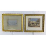 19th century watercolour of a Mediterranean village and a pencil sketch - La Casa, both by the