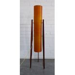 Mid-Century Rocket lamp with orange cylindrical shade and three tapering teak legs, 113cm