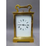Late 19th century French brass repeater carriage clock, height including handle 18cm