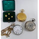 Waltham gold plated pocket watch and two silver cased pocket watches, a set of four yellow