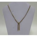 9ct gold snake link double chain necklace with a knot motif set with three sapphires, approx