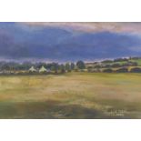 Elizabeth Watson, DA, acrylic of two white stone cottages in a rural landscape, signed and dated