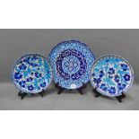 Three Isnic style turquoise glazed plates / chargers, the rims with fritting, 37cm diameter (3)