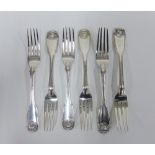 Set of six 19th century silver fiddle pattern thread and shell forks, with mixed makers and