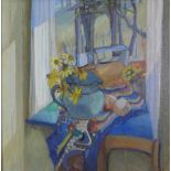 Helen Firth, 'Cottage Window', oil on board, signed with initials, in a giltwood frame with an