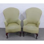 Pair of green upholstered wing armchairs, on cabriole legs with pad feet, 62 x 105 x 48cm (2)