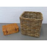 Oversized square wicker basket, 65 x 62c,, together with a small wicker picnic basket (2)