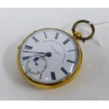 Victorian 18ct gold open faced pocket watch, John Forrest London, with black roman numerals,