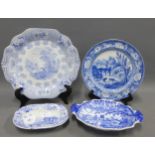 19th century Staffordshire blue and white transfer printed pottery to include a Village Church