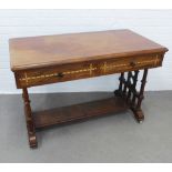 Victorian mahogany table, circa 1880, with birch inlay, two frieze drawers with amber glass handles,