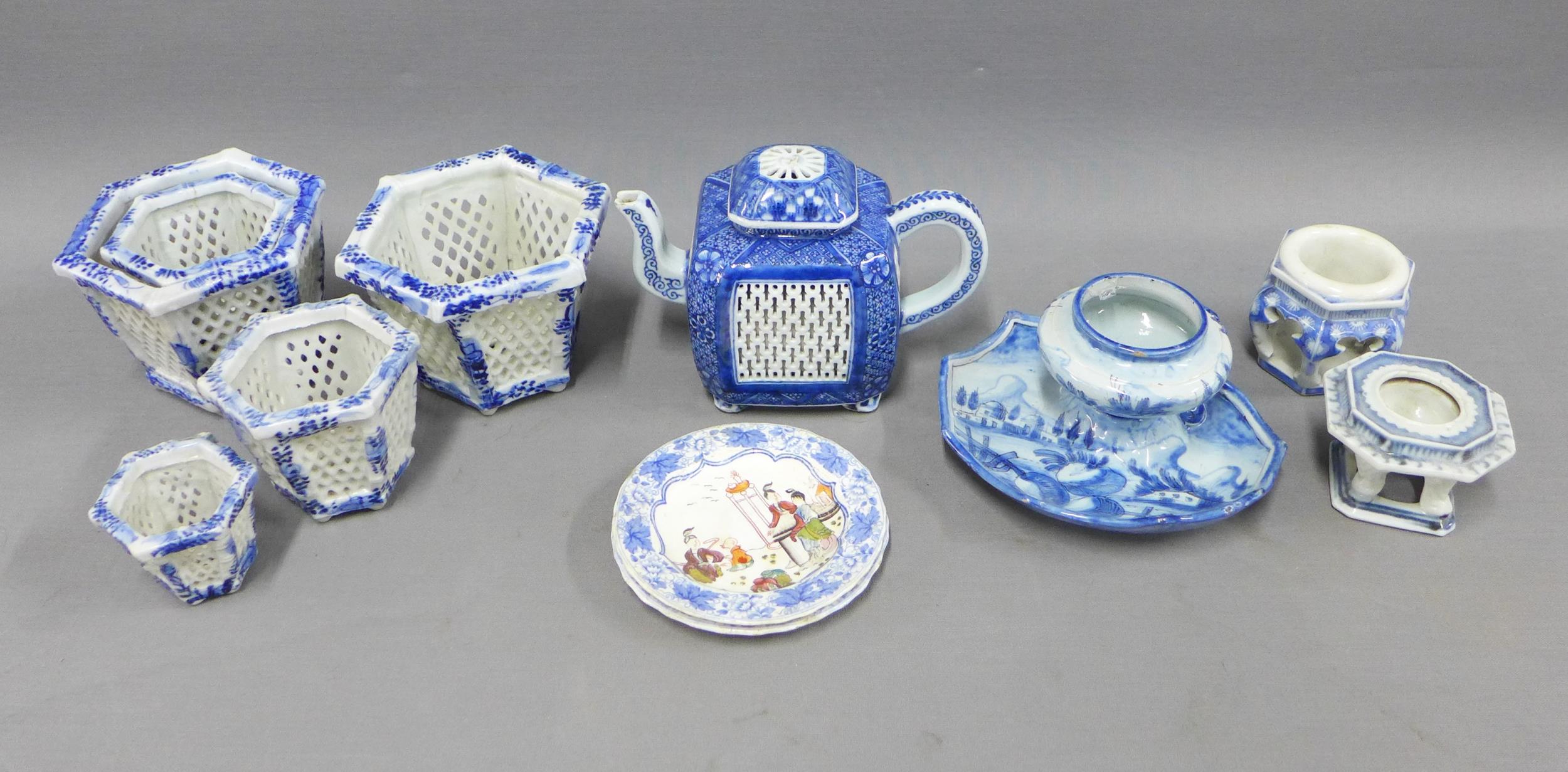 Collection of Chinese blue and white pottery and porcelain and a famille rose basket and stand (a/f)