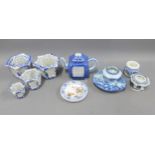 Collection of Chinese blue and white pottery and porcelain and a famille rose basket and stand (a/f)