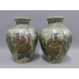 A pair of craquelure celadon ground vases decorated with Samurai warriors, etc one with a chip to