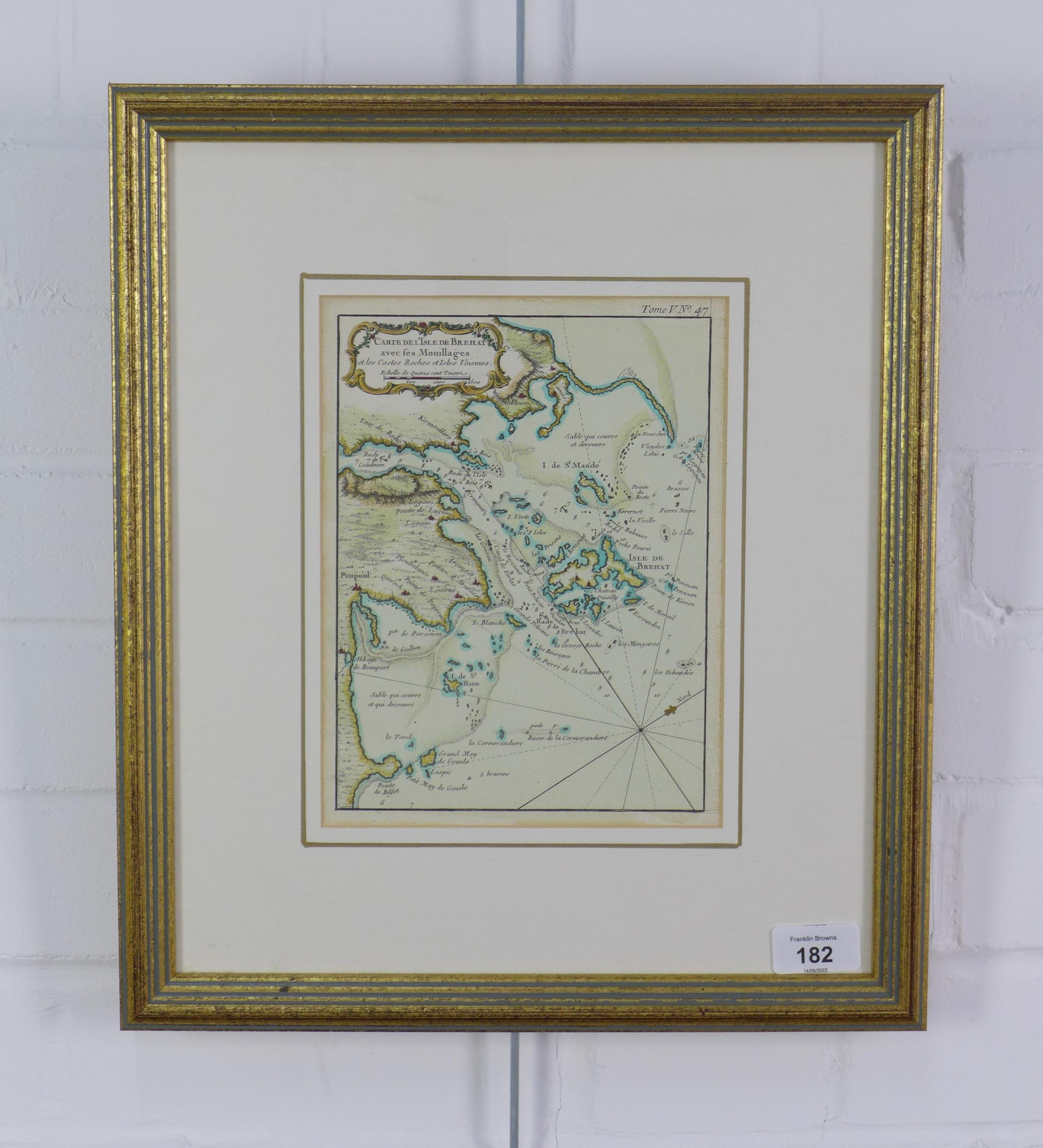 Isle de Brehad, After Bellin, a coloured map, framed under glass, 18 x 23cm - Image 2 of 2