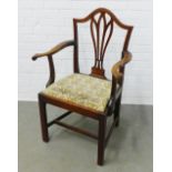 Mahogany open armchair with an arched top rail and vasiform pierced splat, upholstered drop in seat,