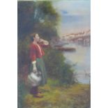 Continental School oil on board of a girl on a riverbank, framed under glass and apparently